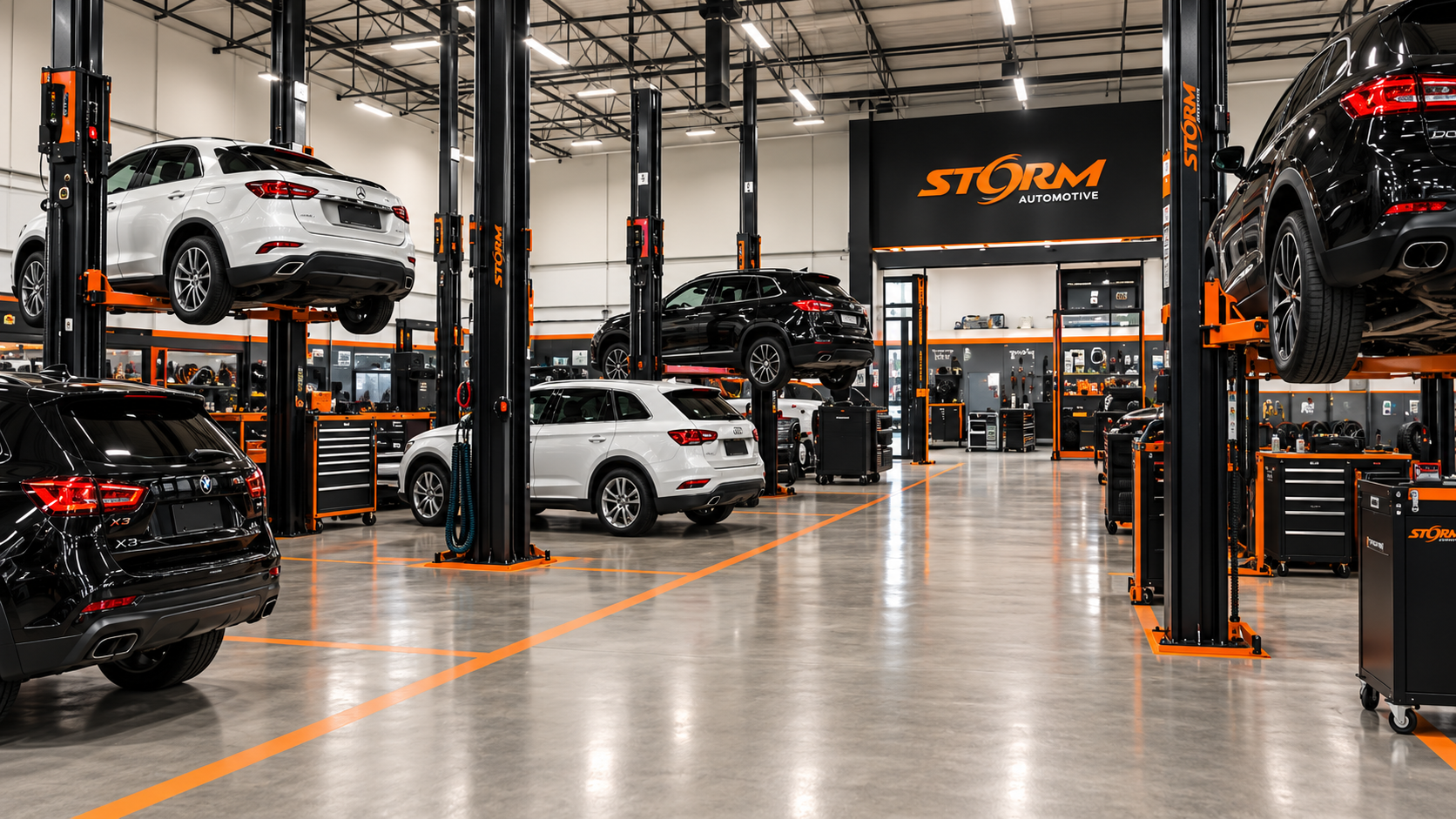 Visão panorâmica da oficina mecânica Storm Automotive com veículos e elevadores