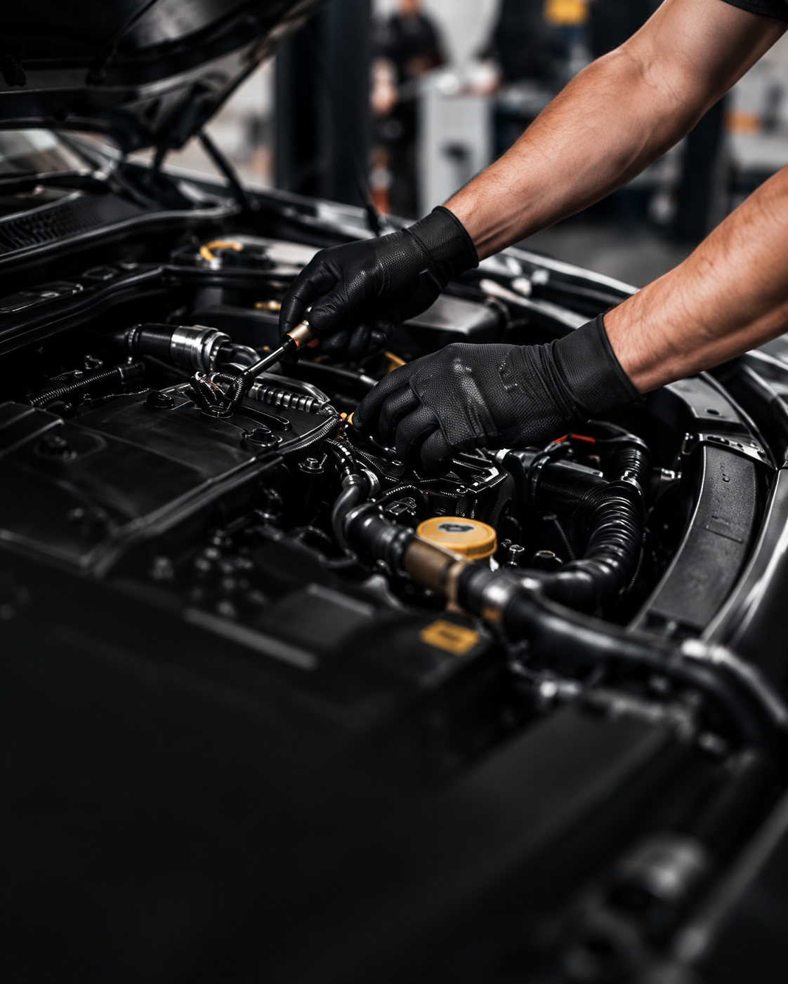 Revisão preventiva especializada com técnico inspecionando motor